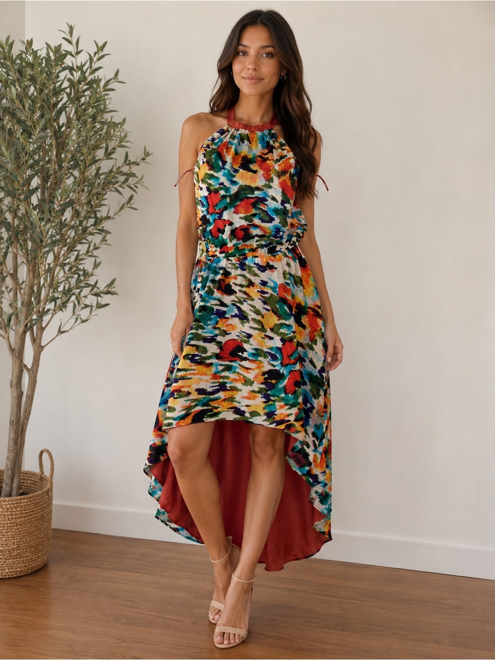 Nicole Miller Multicolor Halter High-Low Dress with Rust Lining